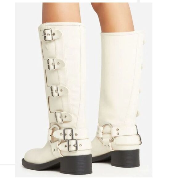 CREAM WHITE MOTO COMBAT BIKER BUCKLE BOOTIES - Picture 4 of 6